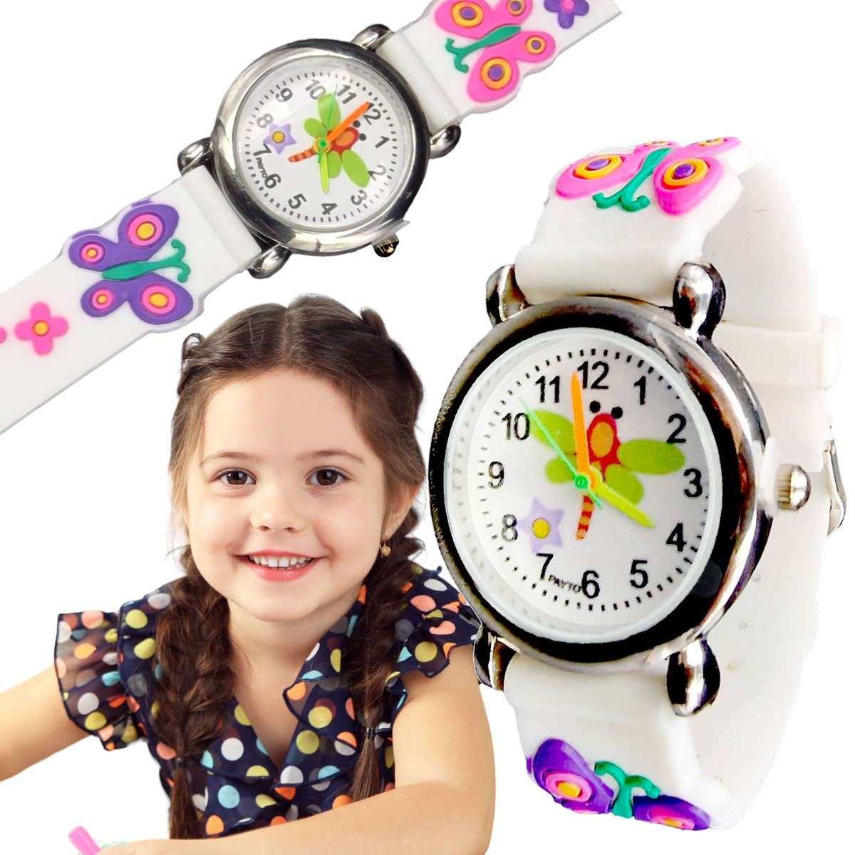 ZEGAREK DZIECIĘCY DZIEWCZYNKI BIAŁY MOTYLKI EDU