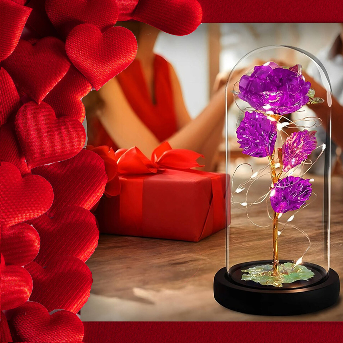 WIECZNA RÓŻA W SZKLE ŚWIECĄCA ŚWIECI LED FLOWERBOX BUKIET KWIATY NA PREZENT
