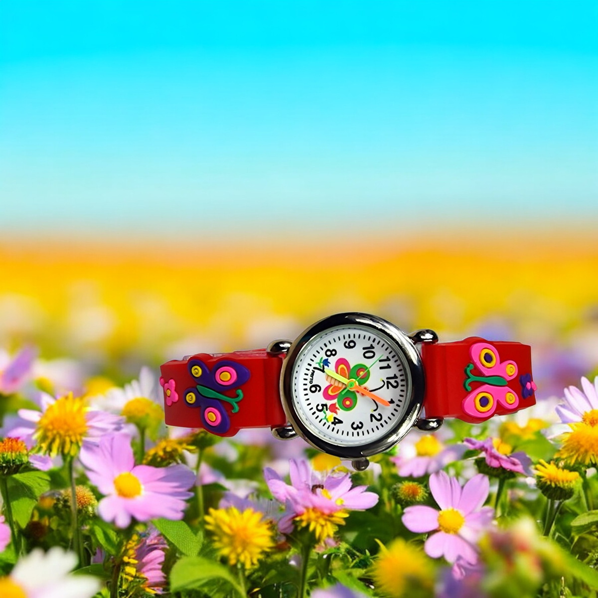 KLASYCZNY ZEGAREK DZIECIĘCY MOTYLI CZERWONY EDUKACYJNY NA PREZENT