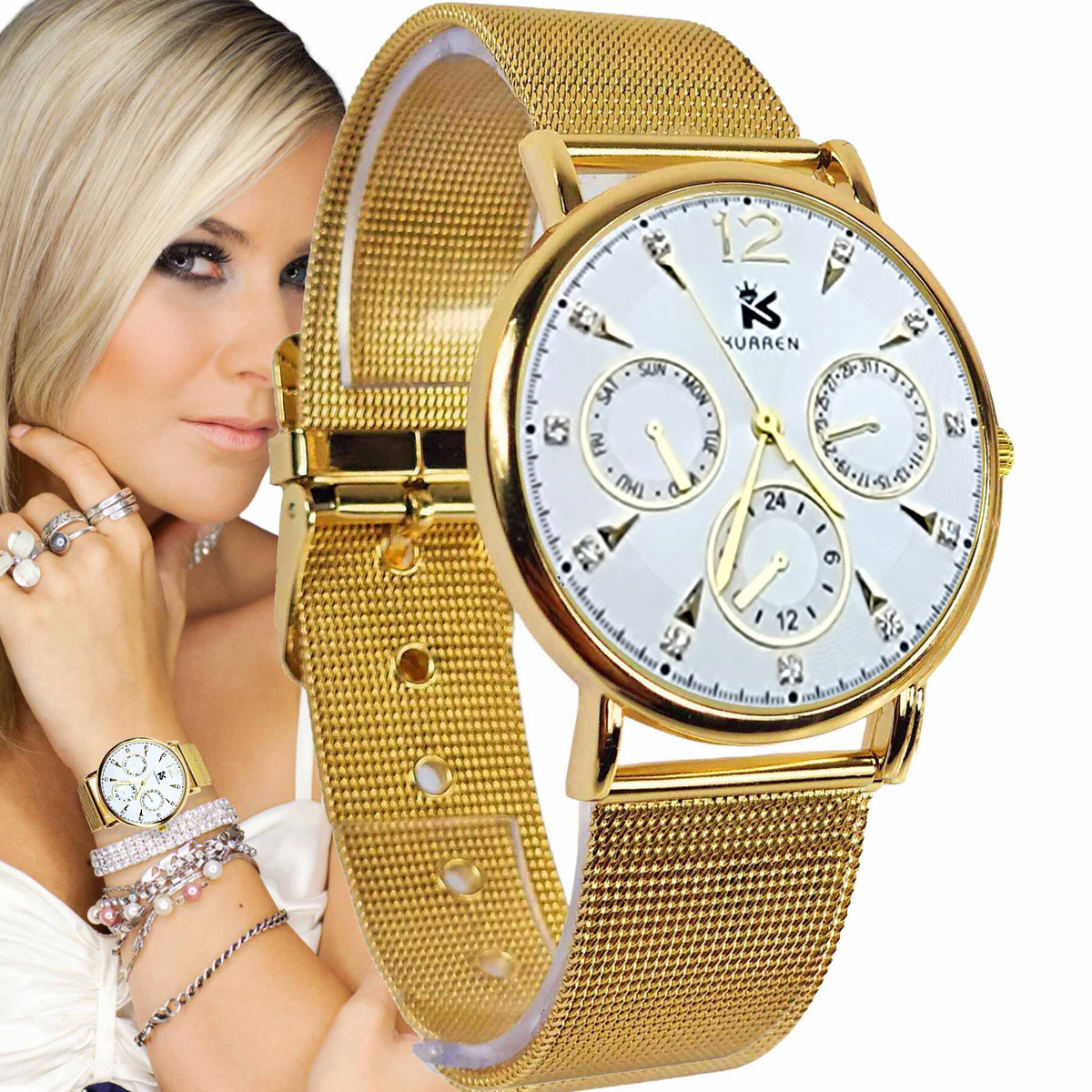 KLASYCZNY ELEGANCKI ZŁOTY ZEGAREK DAMSKI BRANSOLETA PREZENT NA CO DZIEŃ