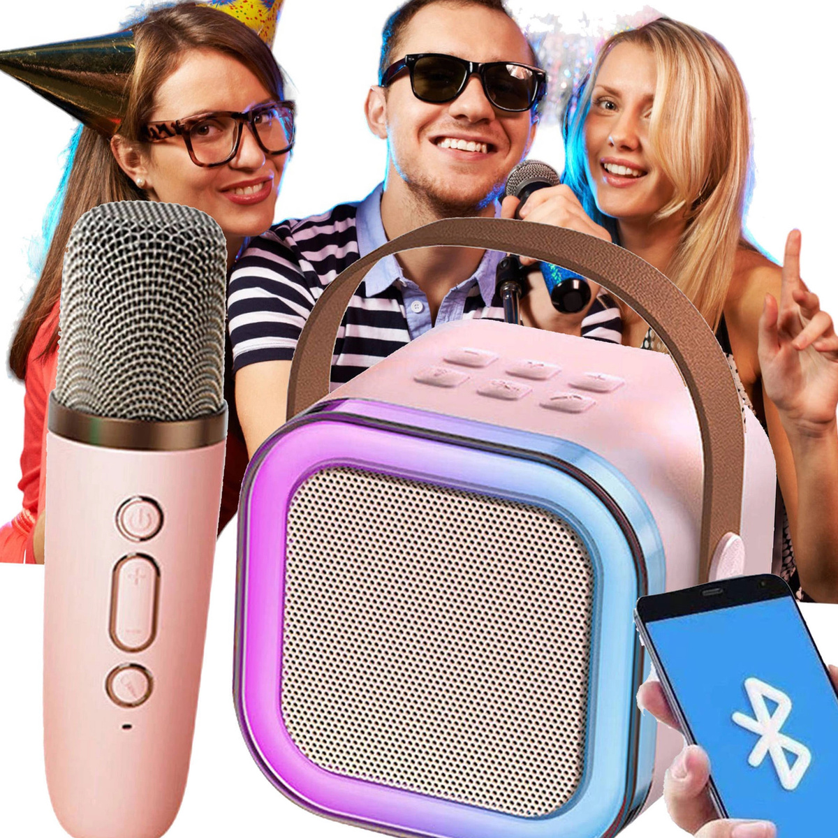 GŁOŚNIK BLUETOOTH PRZENOŚNE KARAOKE LAMPKA RGB MIKROFON USB SD MINI JACK