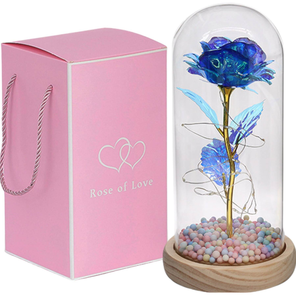 WIECZNA RÓŻA W SZKLE PREZENT NA WALENTYNKI ŚWIECĄCA LED PUDEŁKO PREZENT