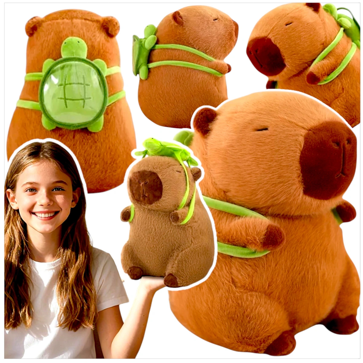 KAPIBARA PLUSZOWA MASKOTKA ZABAWKA Z PLECAKIEM ŻÓŁWIK 45CM MIĘKKA PLUSZAK 2W1