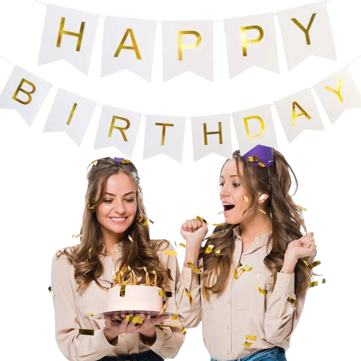 GIRLANDA URODZINOWA Z NAPISEM HAPPY BIRTHDAY BIAŁA ZŁOTE NAPISY 200cm