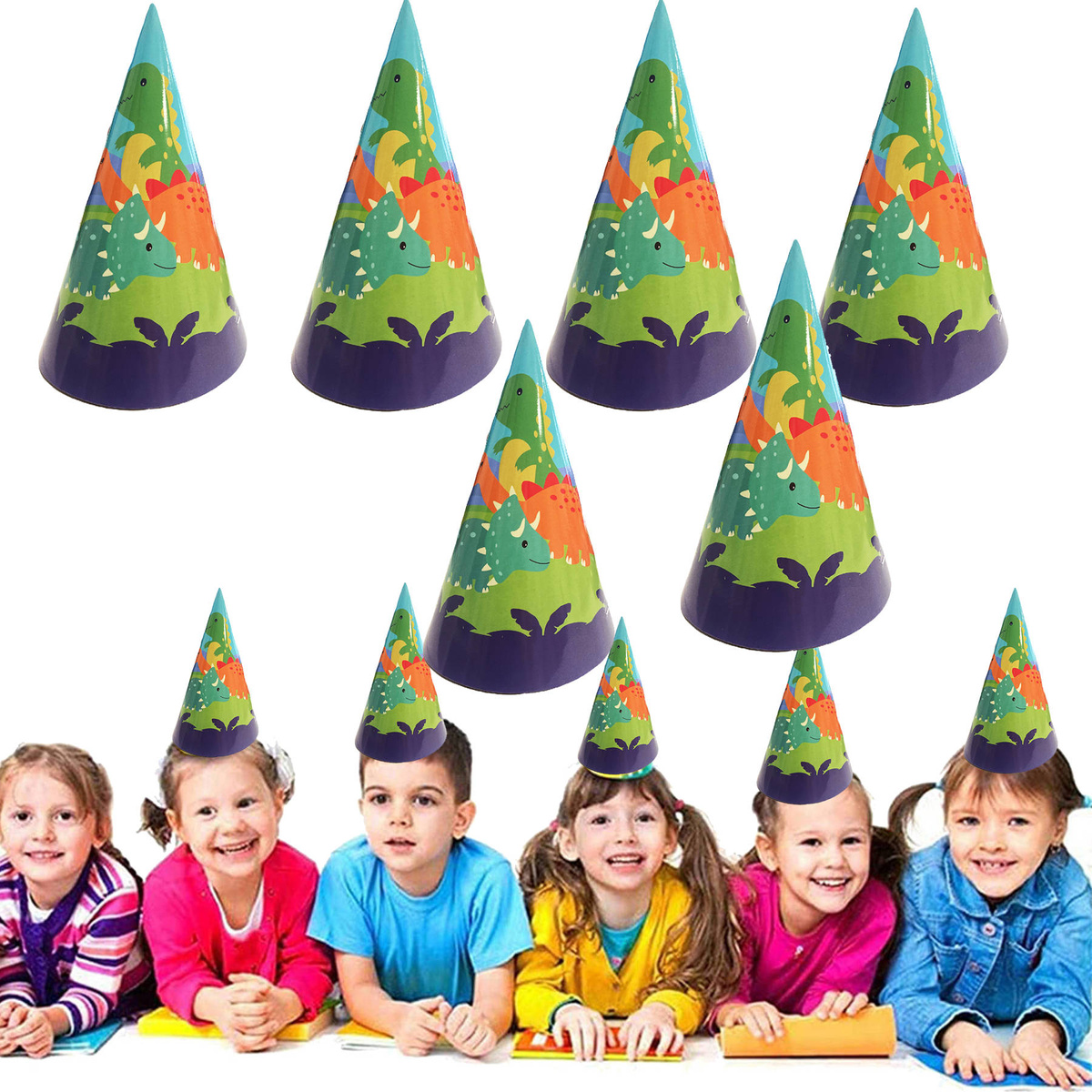 CZAPKA URODZINOWA ZESTAW NA IMREZĘ URODZINY DLA DZIECI 6szt. DINOZAURY