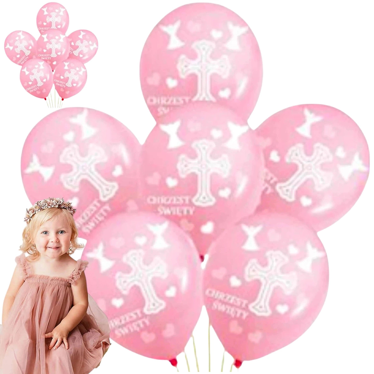 ZESTAW BALONÓW NA CHRZCINY BALONY NA CHRZEST ŚWIĘTY DLA DZIEWCZYNKI RÓŻOWE