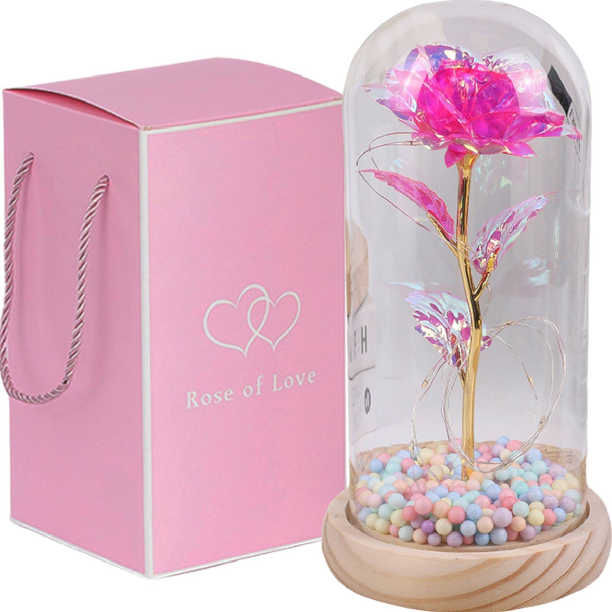 WIECZNA RÓŻA W SZKLE PREZENT NA WALENTYNKI ŚWIECĄCA LED PUDEŁKO PREZENT