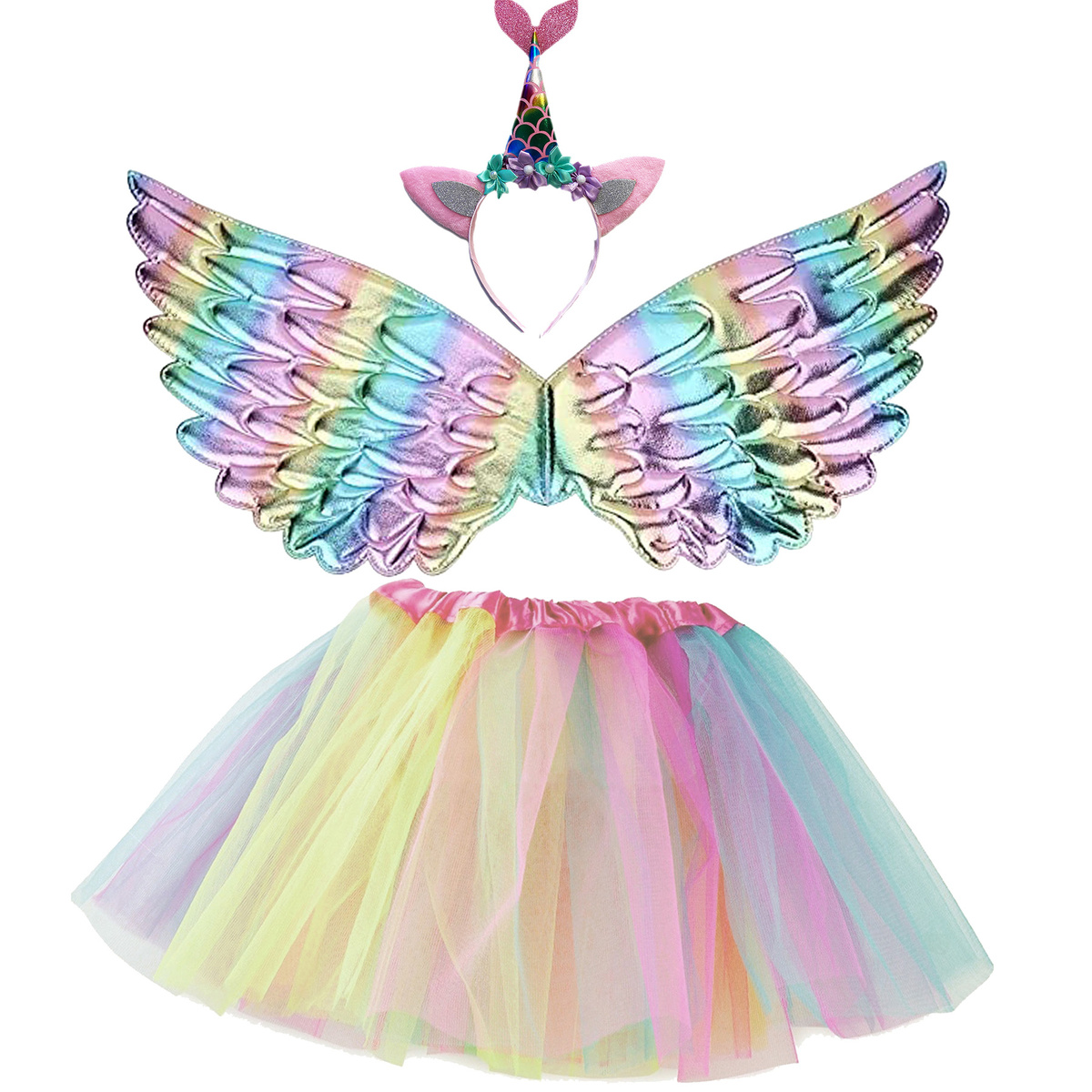 STRÓJ DLA DZIEWCZYNKI JEDNOROŻEC PEGAZ TĘCZOWY SPÓDNICZKA OPASKA PRZEBRANIE