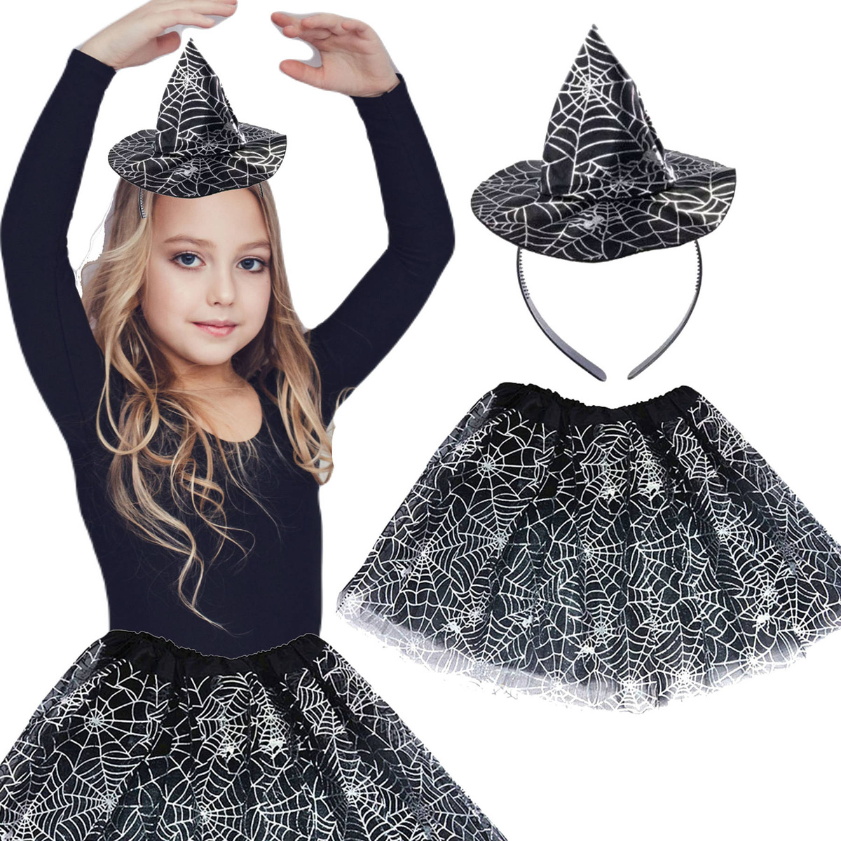 STRÓJ WIEDŻMA KOSTIUM ZESTAW 2W1 SPÓDNICZKA OPASKA HALLOWEEN