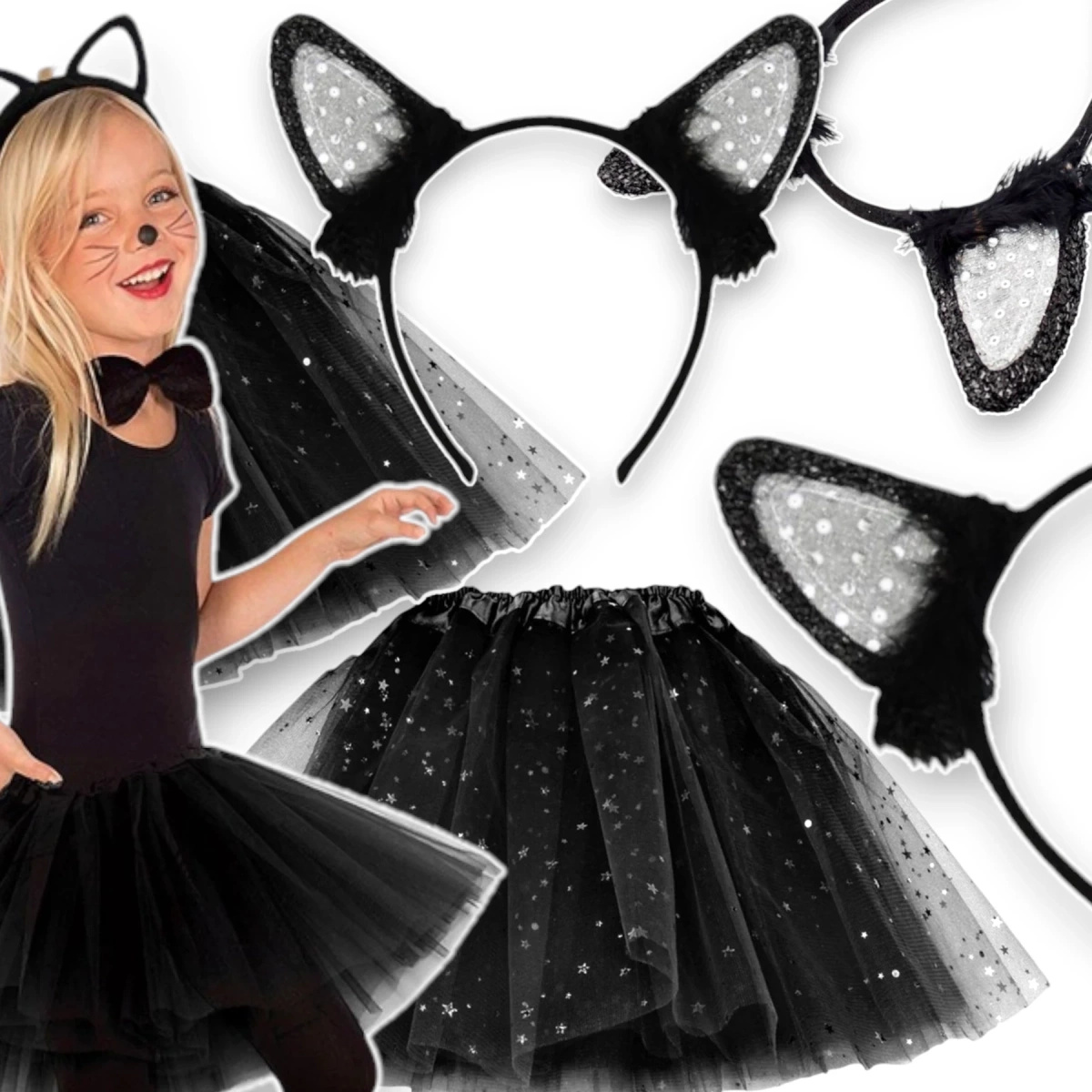 KOSTIUM DLA DZIEWCZYNKI NA BAL PRZEBIERAŃCÓW CZARNY KOTEK SPÓDNICZKA OPASKA 