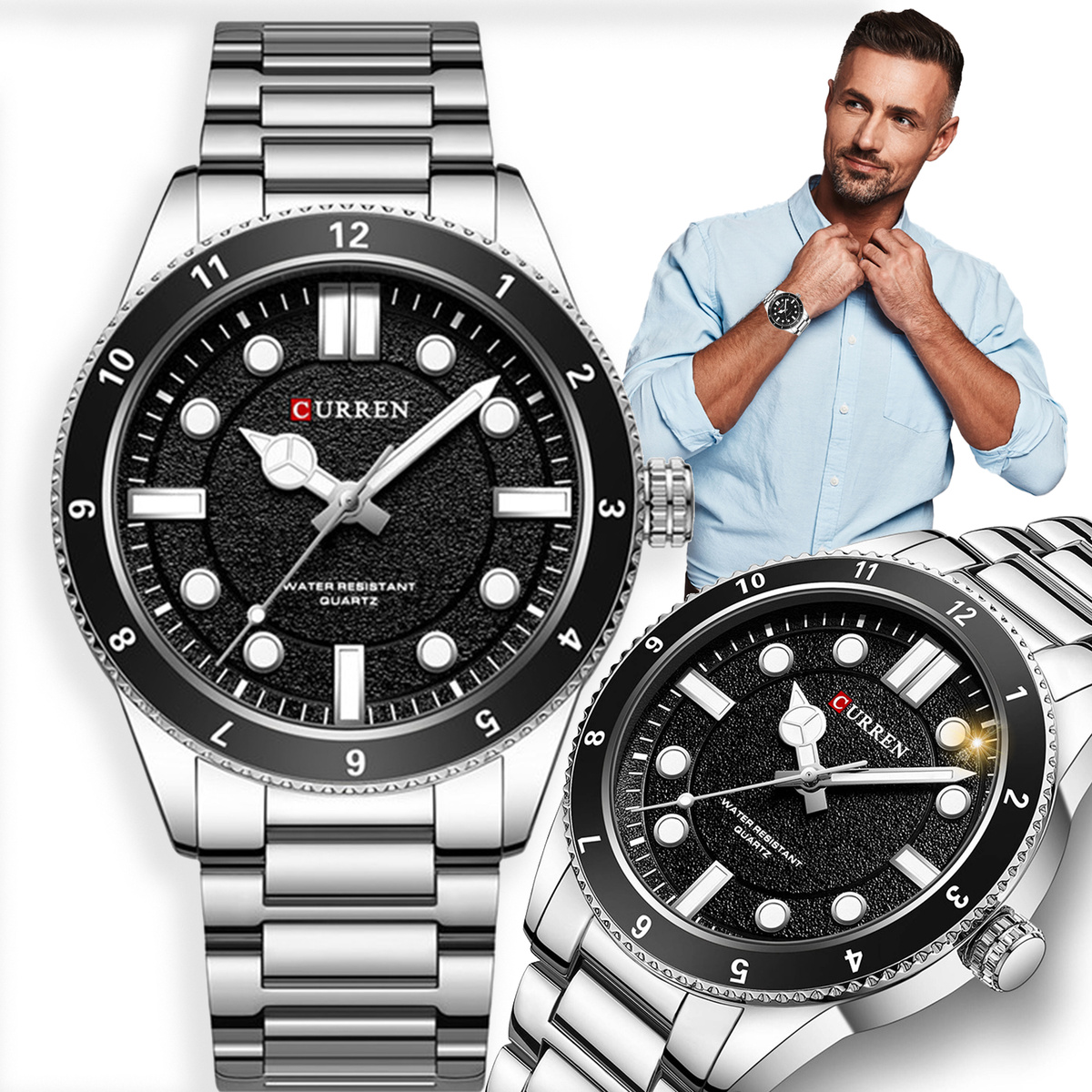 NOWOCZESNY ELEGANCKI ZEGAREK MĘSKI CURREN STAL NIERDZEWNA STYL DIVER KOLORY