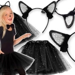 KOSTIUM DLA DZIEWCZYNKI NA BAL PRZEBIERAŃCÓW CZARNY KOTEK SPÓDNICZKA OPASKA 