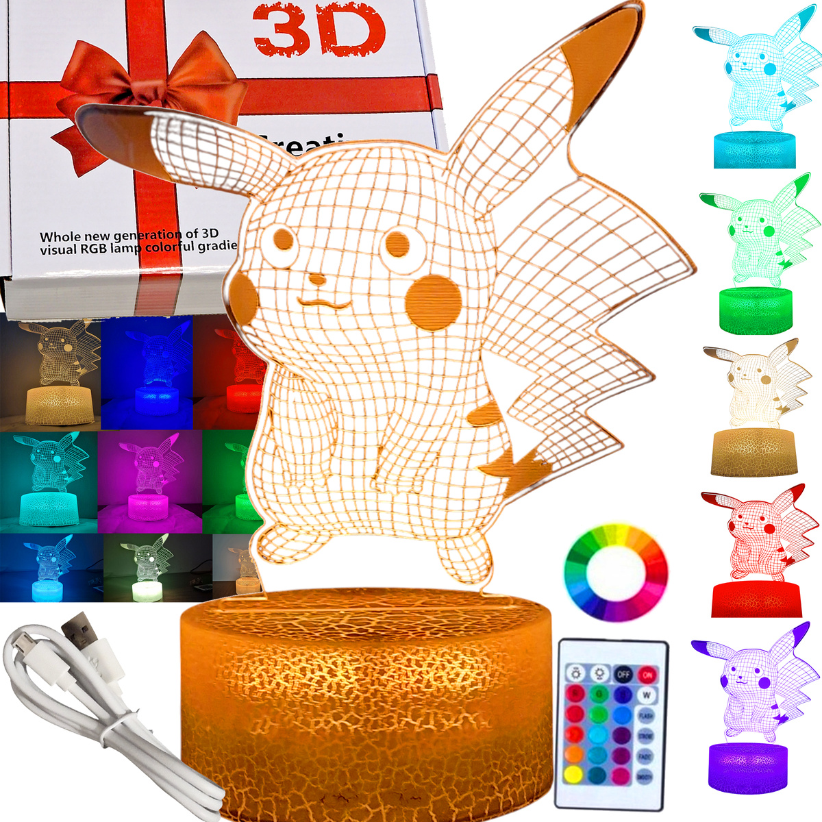LAMPKA LED USB 3D PILOT PIKACHU KOLORY RGB DLA DZIECI NA PREZENT DO POKOJU