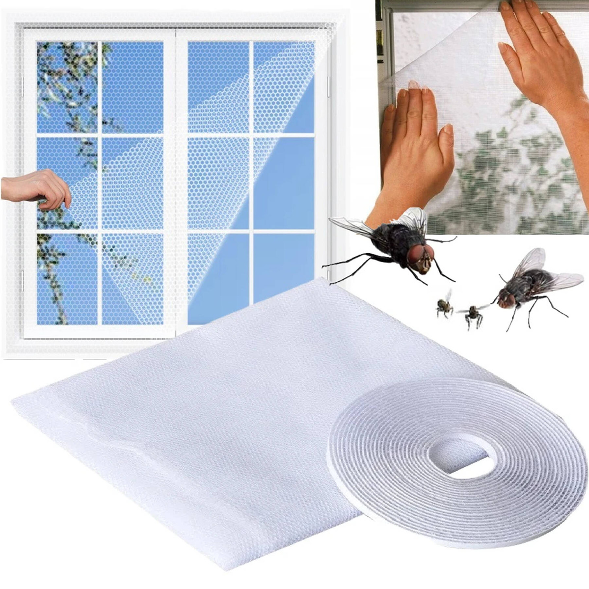 MOSKITIERA SIATKA NA OKNO OWADY KOMARY BIAŁA 150x130 CM MOCNA + RZEP