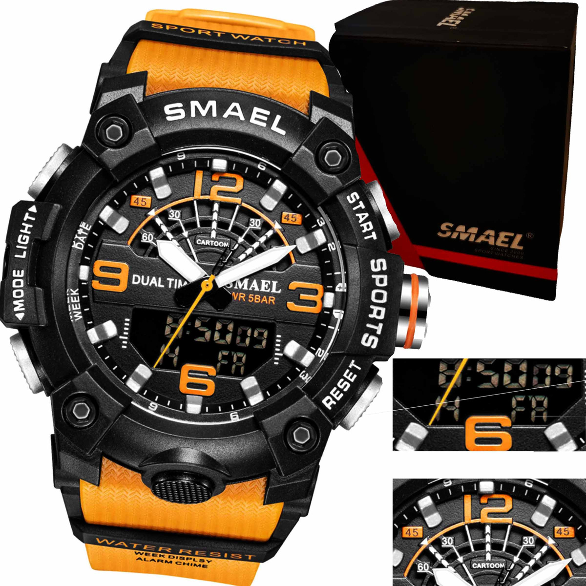 MODNY MĘSKI SPORTOWY ZEGAREK SMAEL STOPER BUDZIK MOCNY WODOODPORNY KOLORY