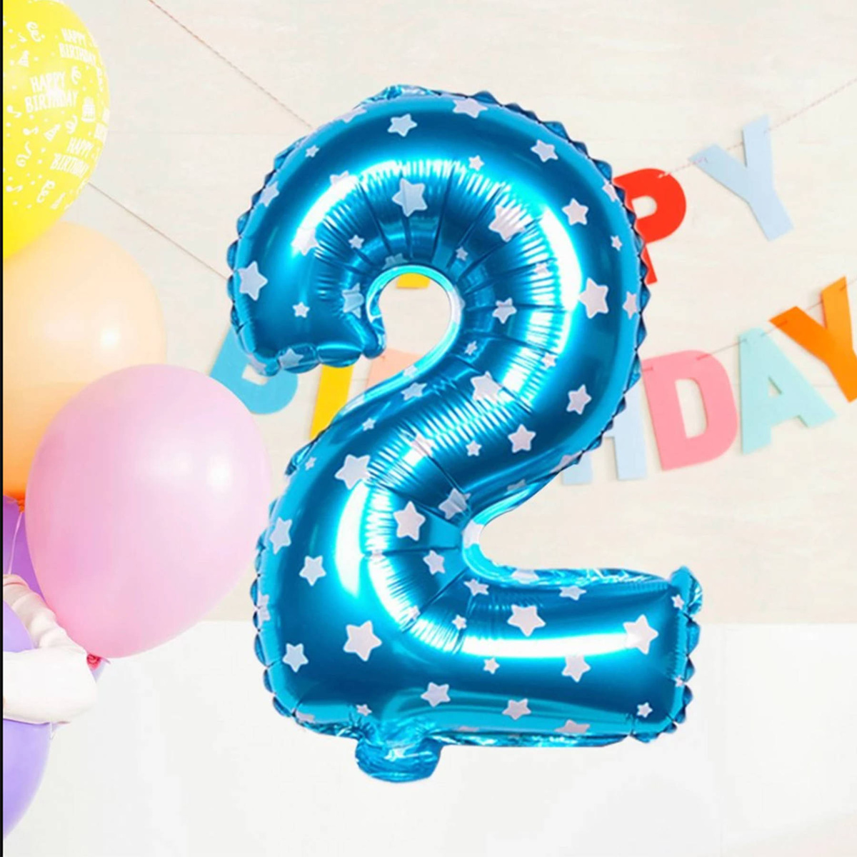 BALON FOLIOWY CYFRA 2 NIEBIESKI W GWIAZDKI NA URODZINY DLA DZIECI 100cm