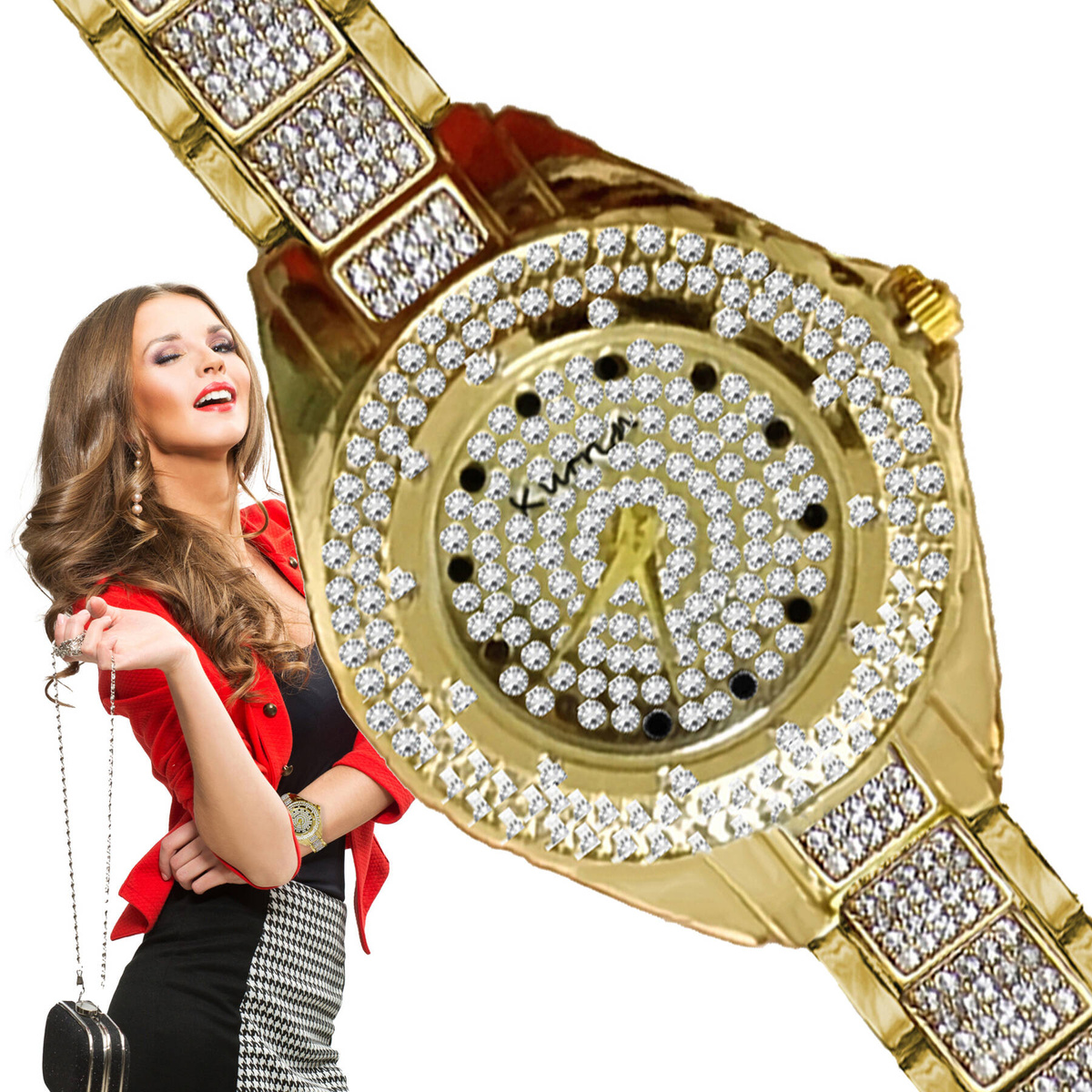 ELEGANCKI ZŁOTY ZEGAREK DAMSKI KURREN CYRKONIE KWARCOWY NA PREZENT MODNY