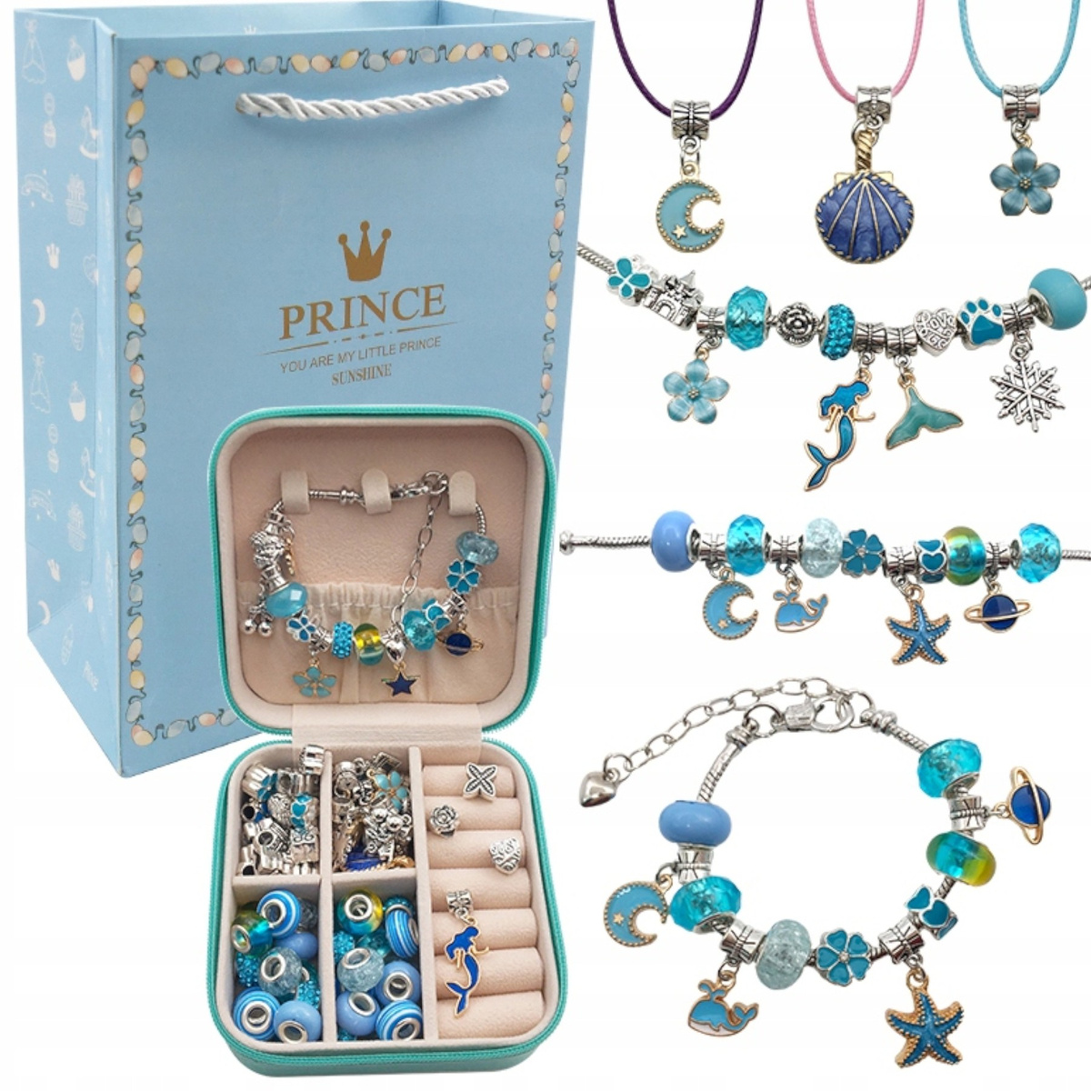 Zestaw do Robienia Bransoletek Koraliki Biżuterii Prezent Zawieszki Kuferek - NIEBIESKI