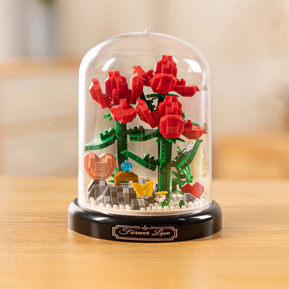 KLOCKI KWIATY RÓŻA W SZKLE CZERWONE RÓŻE W KOPULE BUKIET NA PREZENT KWIATKI