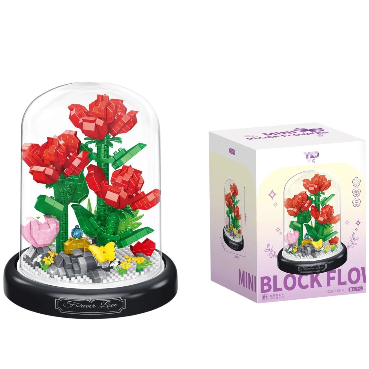 KLOCKI KWIATY RÓŻA W SZKLE CZERWONE RÓŻE W KOPULE BUKIET NA PREZENT KWIATKI