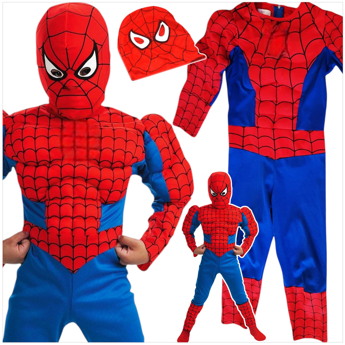 STRÓJ SPIDERMAN GRUBY Z MIĘŚNIAMI MASKA KOSTIUM PRZEBRANIE CHŁOPCA 122-128