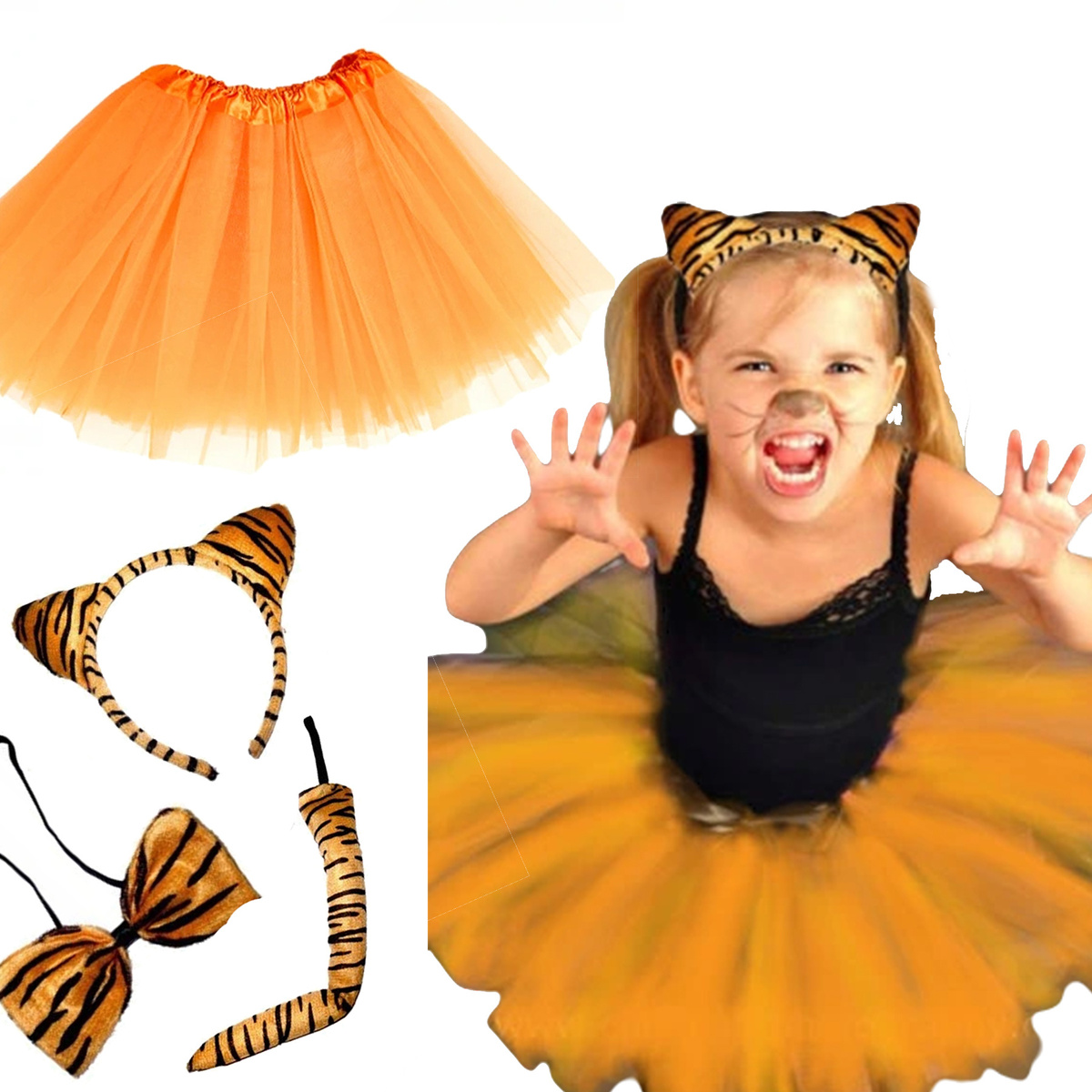 STRÓJ TYGRYSEK DLA DZIEWCZYNKI 4w1 SPÓDNICZKA OPASKA OGONEK KOSTIUM NA BAL 