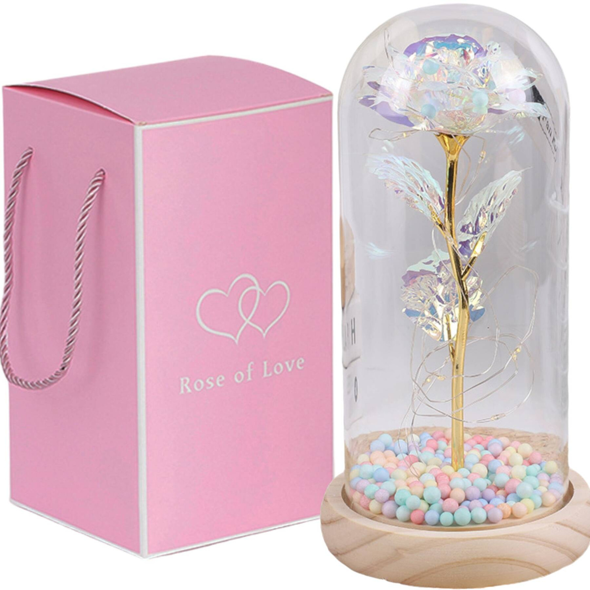 WIECZNA RÓŻA W SZKLE PREZENT NA WALENTYNKI ŚWIECĄCA LED PUDEŁKO PREZENT