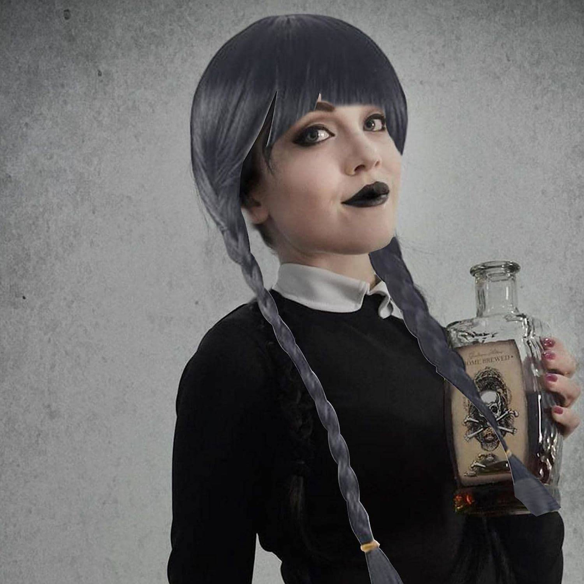 PERUKA WEDNESDAY ADDAMS WŁOSY COSPLAY WARKOCZE Z GRZYWKĄ 60CM NA IMPREZĘ