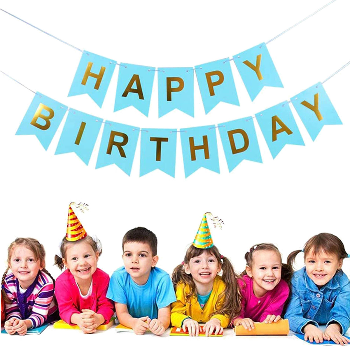 GIRLANDA URODZINOWA Z NAPISEM HAPPY BIRTHDAY BŁĘKITNA ZŁOTE NAPISY 200cm