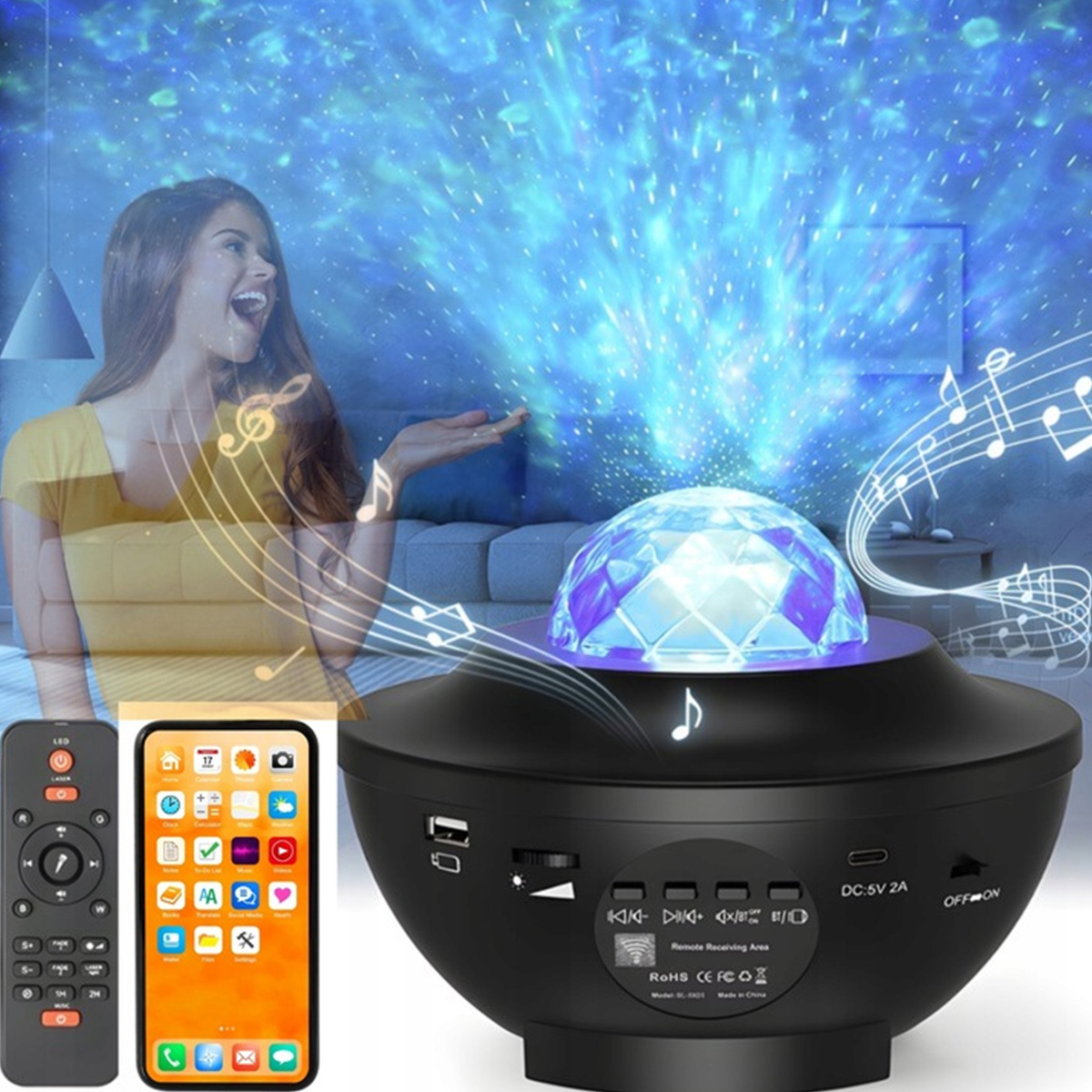 PROJEKTOR GWIAZD ZORZA POLARNA LAMPKA NOCNA DLA DZIECI USB BLUETOOTH PILOT