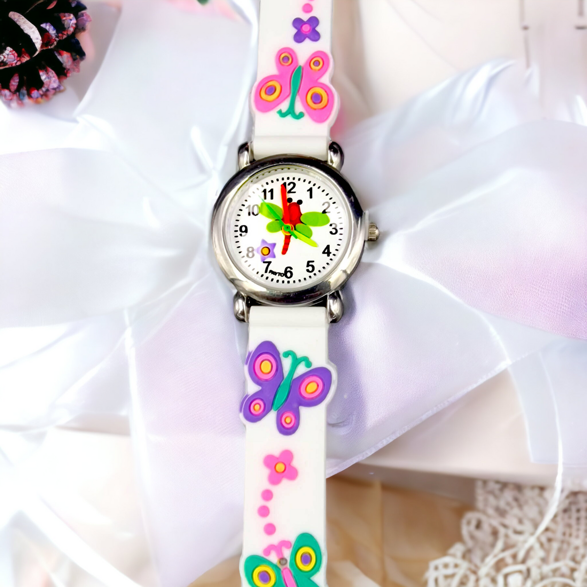 ZEGAREK DZIECIĘCY DZIEWCZYNKI BIAŁY MOTYLKI EDU