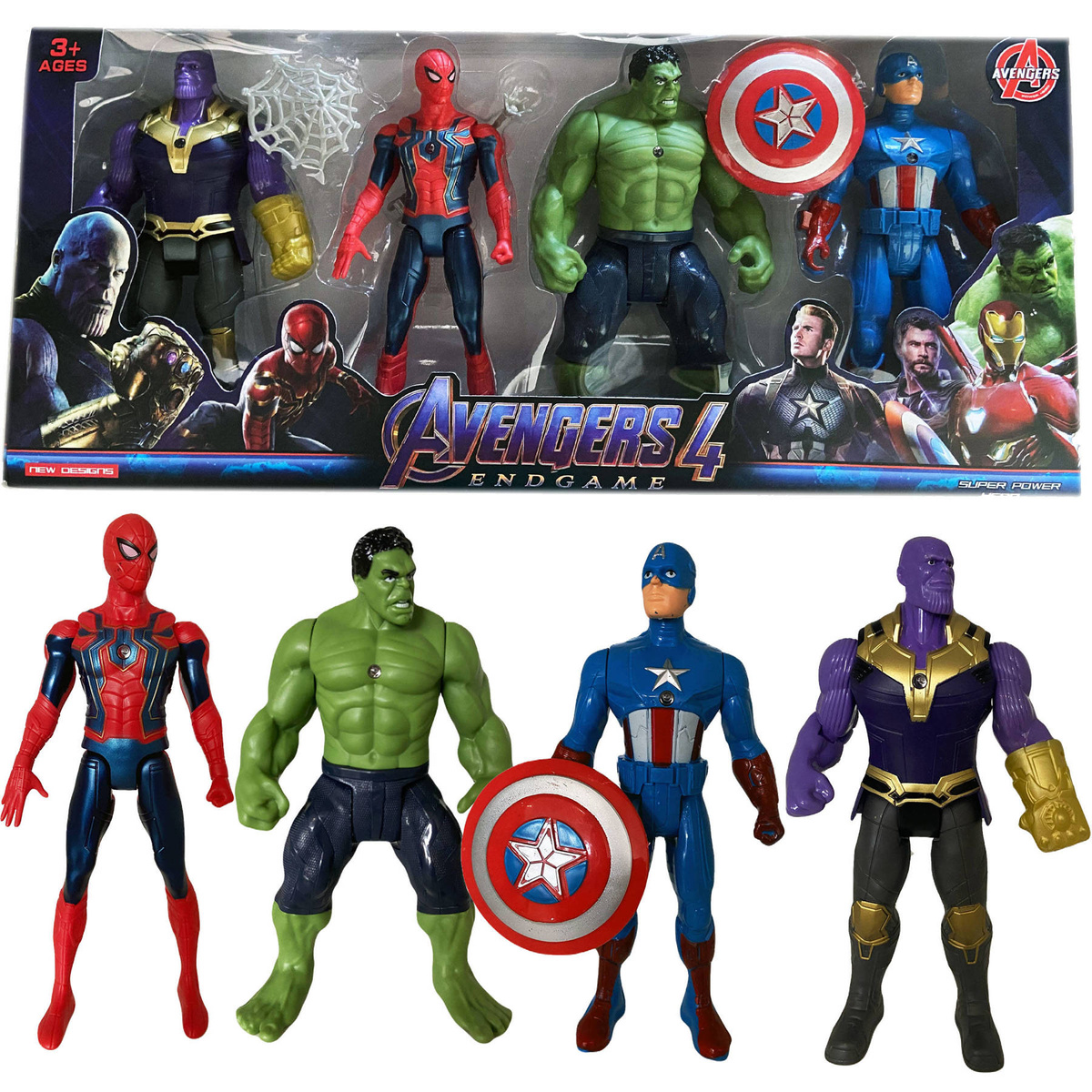 AVENGERS ZESTAW 4 FIGURKI FIGURKA HULK SPIDERMAN AMERYKA THANOS + AKCESORIA