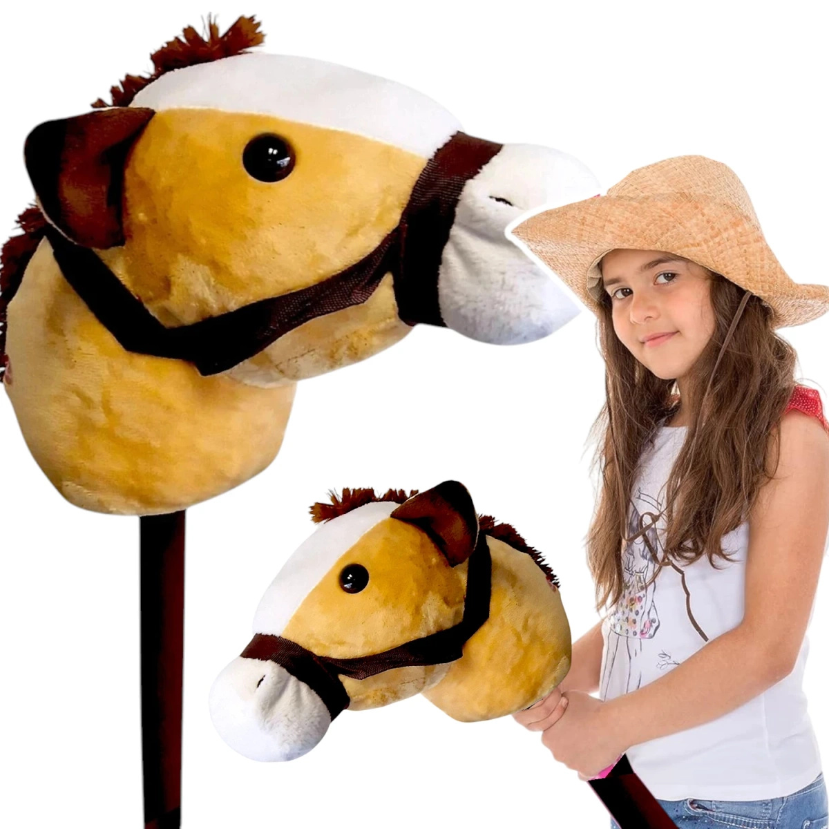 HOBBY HORSE KOŃ NA PATYKU KIJU ZABAWKA GŁOWA KONIA BRĄZOWY KONIK DŹWIĘK