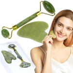 ZESTAW MASAŻER ROLLER KAMIEŃ JADEITOWY DO TWARZY + GUA SHA NATURALNY KAMIEŃ