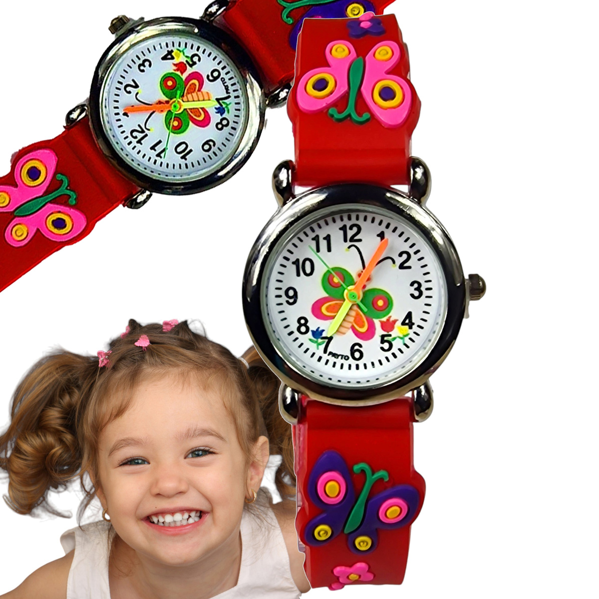 KLASYCZNY ZEGAREK DZIECIĘCY MOTYLI CZERWONY EDUKACYJNY NA PREZENT
