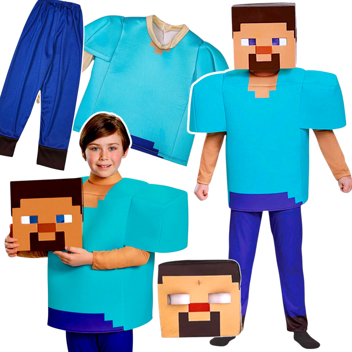 STRÓJ MINECRAFT PRZEBRANIE DLA CHŁOPCA STEVE KOMPLET MASKA KOSTIUM NA BAL