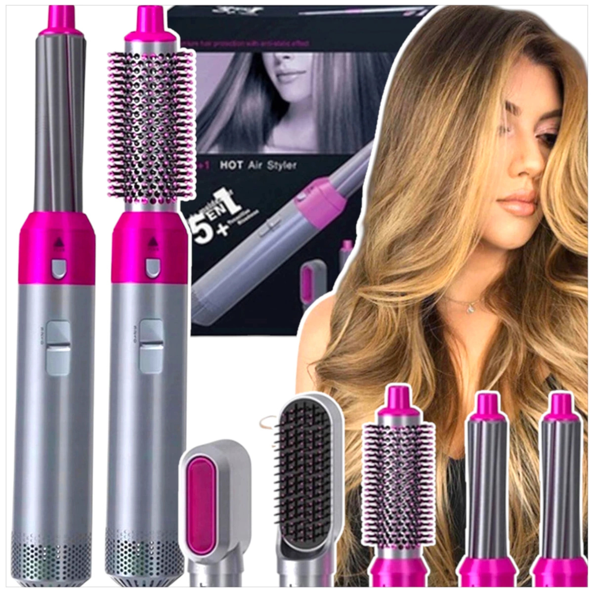 SZCZOTKO SUSZARKA DO WŁOSÓW PROSTOWNICA 5W1 ZESTAW JONIZACJA 5 KOŃCÓWEK