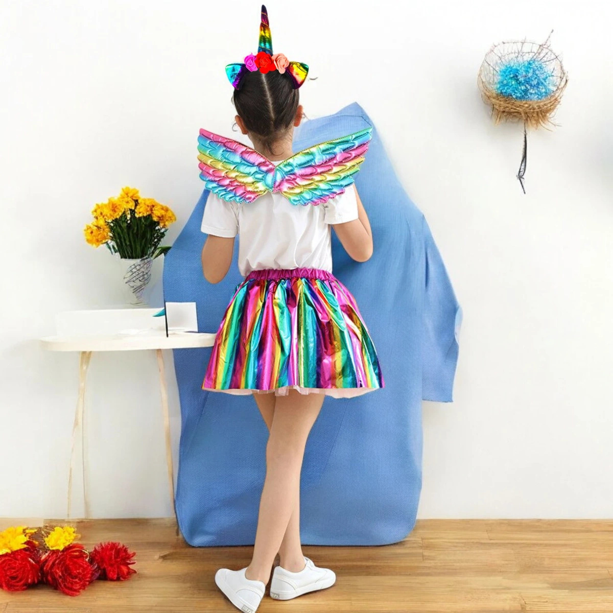 MAGICZNY STRÓJ JEDNOROŻEC DLA DZIEWCZNKI NA BAL SKRZYDŁA OPASKA SPÓDNICZKA