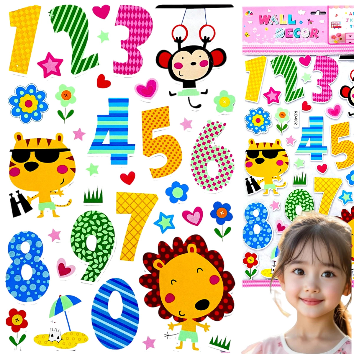 NAKLEJKI 3D NA ŚCIANĘ DLA DZIECI CYFERKI ZWIERZĘTA OZDOBA POKOJU NA ŚCIANĘ