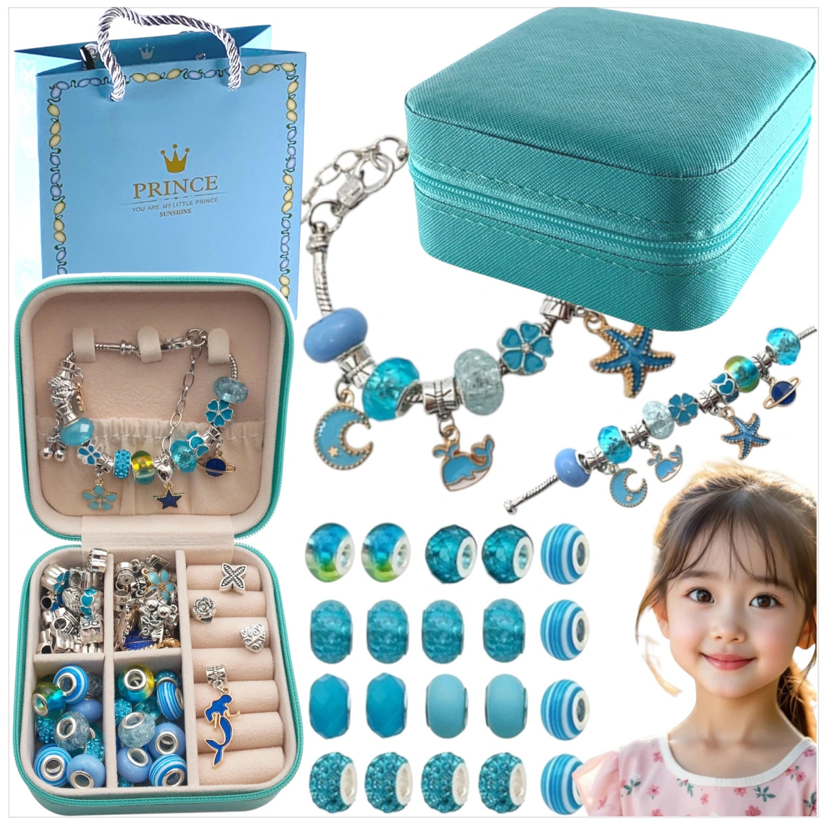 Zestaw do Robienia Bransoletek Koraliki Biżuterii Prezent Zawieszki Kuferek - NIEBIESKI