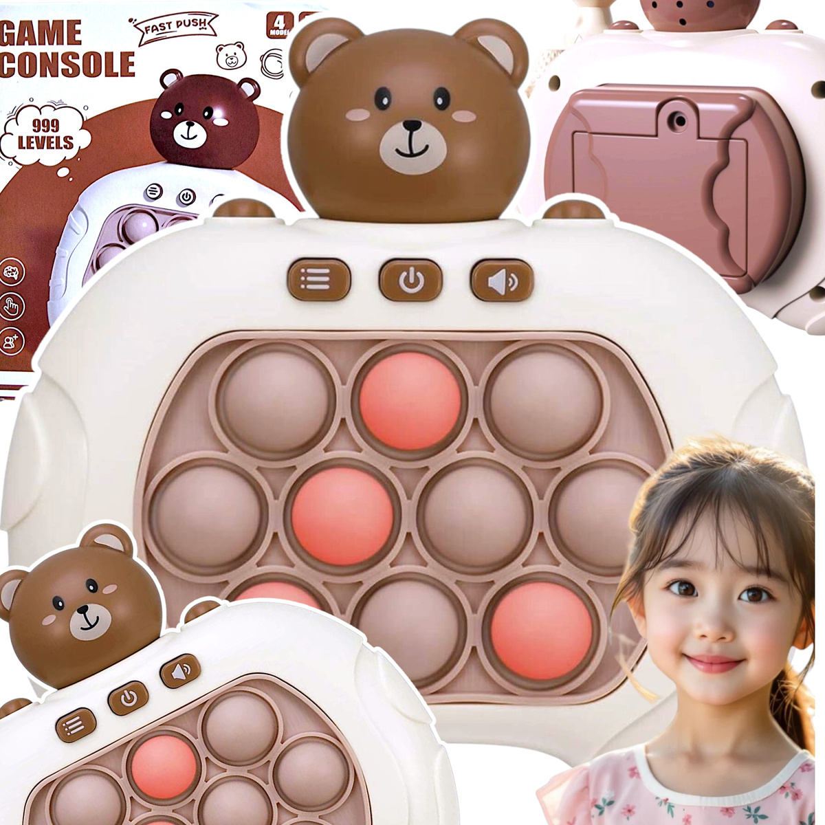 GRA ZRĘCZNOŚCIOWA POP IT ANTYSTRESOWA ELEKTRYCZNA KONSOLA MIŚ 80 POZIOMÓW