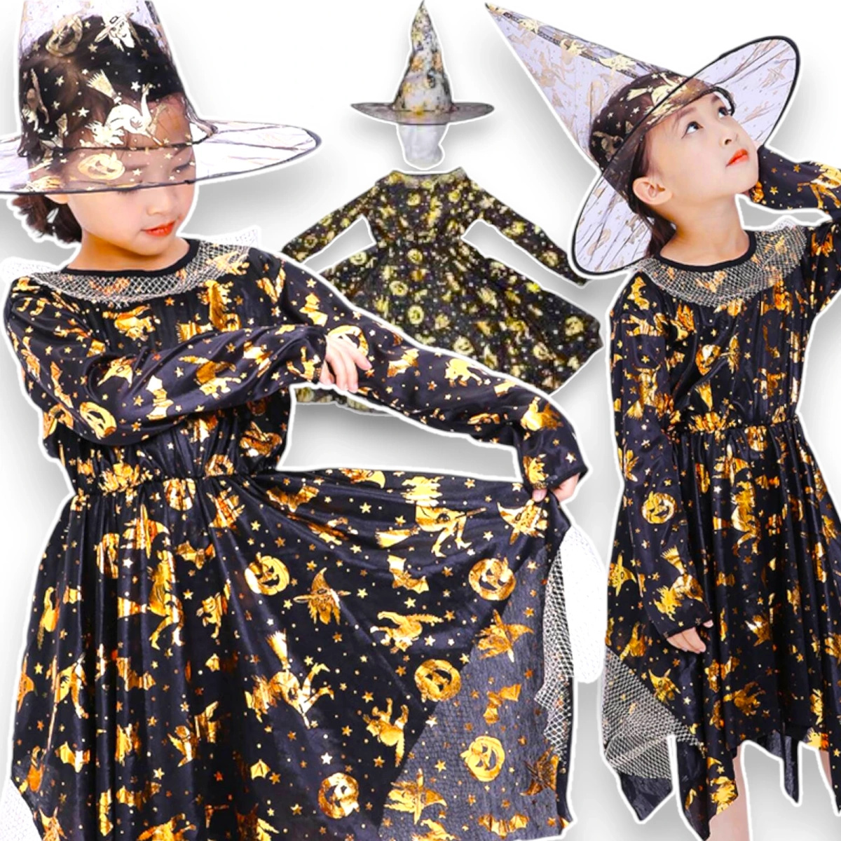 STRÓJ DLA DZIEWCZYNKI NA HALLOWEEN NA BAL PELERYNA KAPELUSZ SUKIENKA 2w1 L