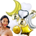 ZESTAW BALONÓW GWIAZDY KSIĘŻYC SERCE KONFETTI 10SZT BALONY BIAŁO ZŁOTE