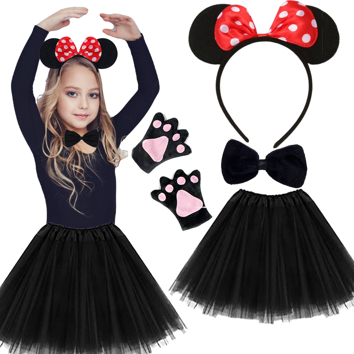 KOSTIUM MYSZKA MIKI MICKEY DLA DZIEWCZYNKI BAL KARNAWAŁOWY SPÓDNICZKA 4w1