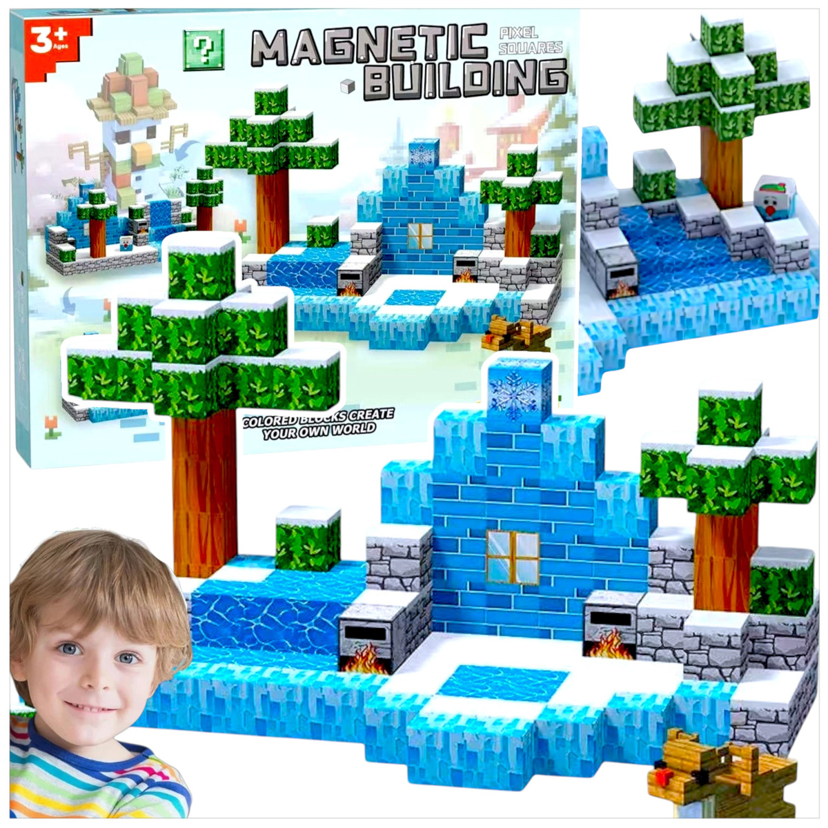 KLOCKI MAGNETYCZNE SZEŚCIANY PIXELE 148 ELEMENTÓW ZIMOWA KRAINA MARZEŃ XXL