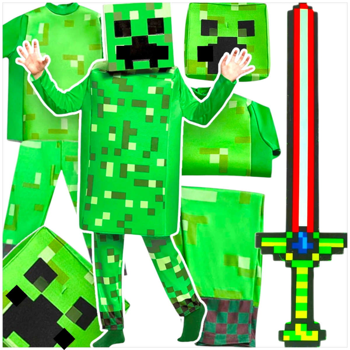 MINECRAFT Strój dla chłopca CREEPER / kostium na bal rozmiar L 130-140 cm + miecz