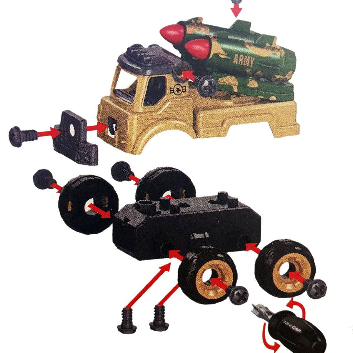 ZESTAW POJAZDÓW DO SKRĘCANIA POJAZDY WOJSKOWE 4 SZTUKI + ŚRUBOKRĘT ARMIA