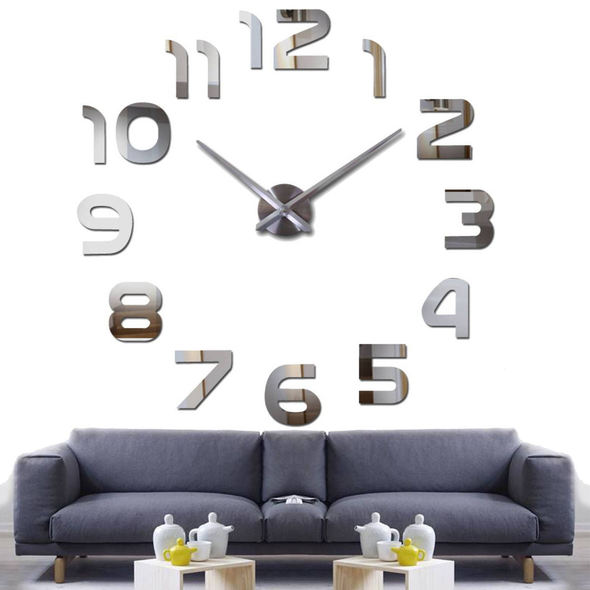 NOWOCZESNY DUŻY ZEGAR ŚCIENNY NAKLEJANY NA ŚCIANE 3D LUSTRO CICHY 130-70CM 