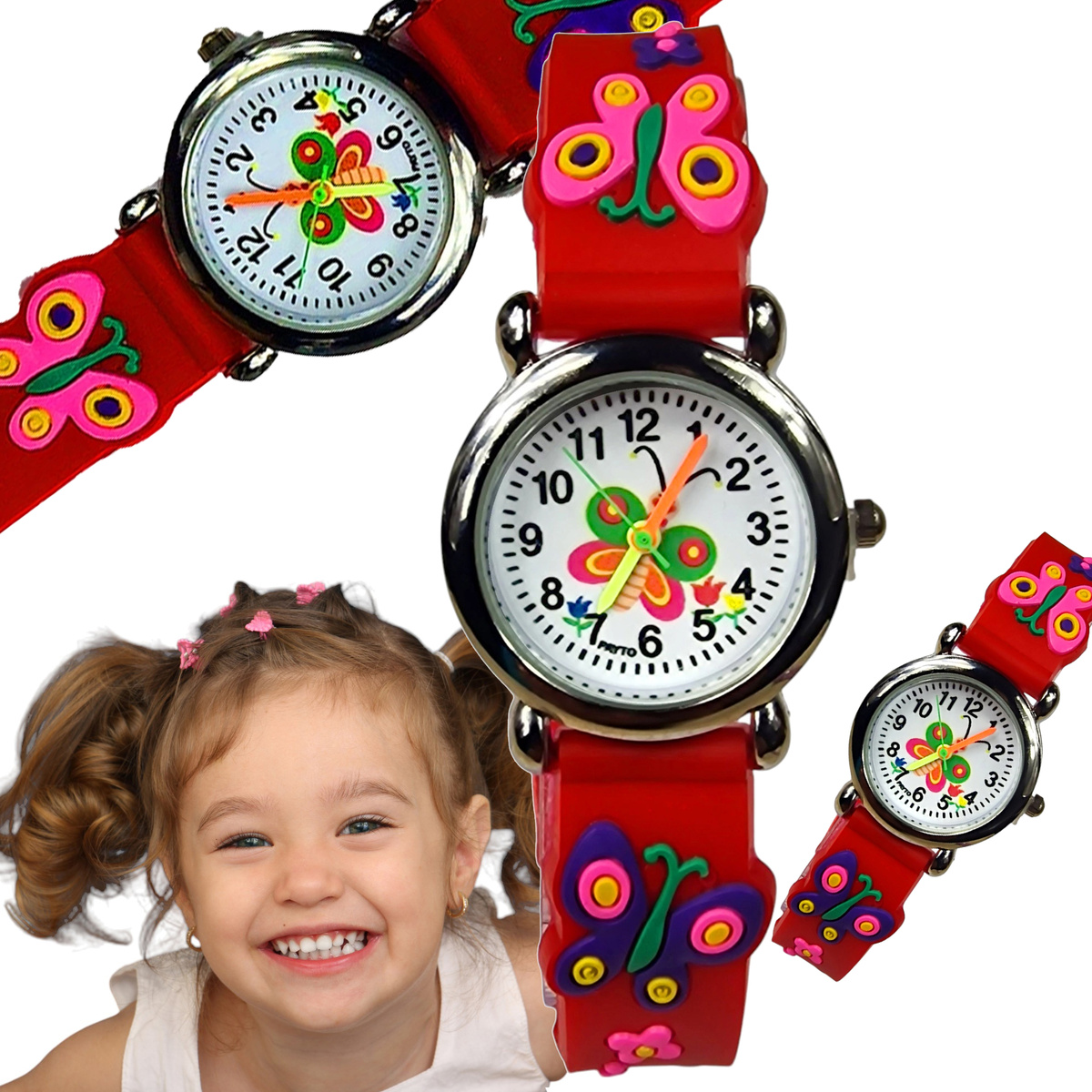 KLASYCZNY ZEGAREK DZIECIĘCY MOTYLI CZERWONY EDUKACYJNY NA PREZENT
