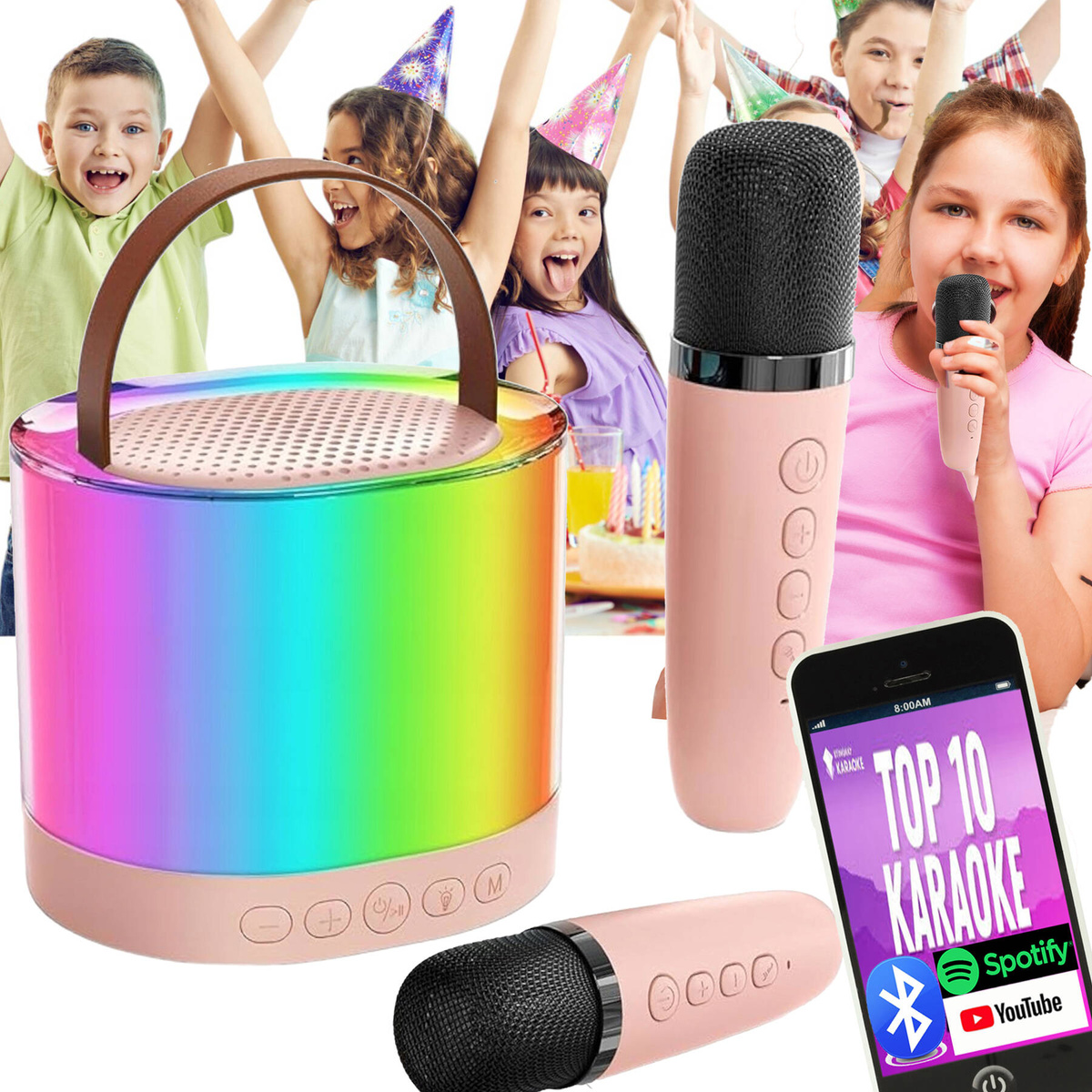  ZESTAW KARAOKE 2 MIKROFONY BEZPRZEWODOWY PRZENOŚNY GŁOŚNIK BLUETOOTH LED 